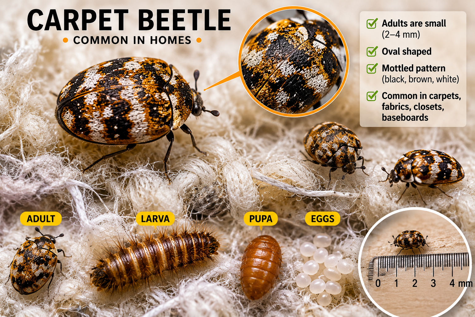 Carpet beetle identification chart for Reading homes: adult Anthrenus beetle alongside labelled wooly bear larva