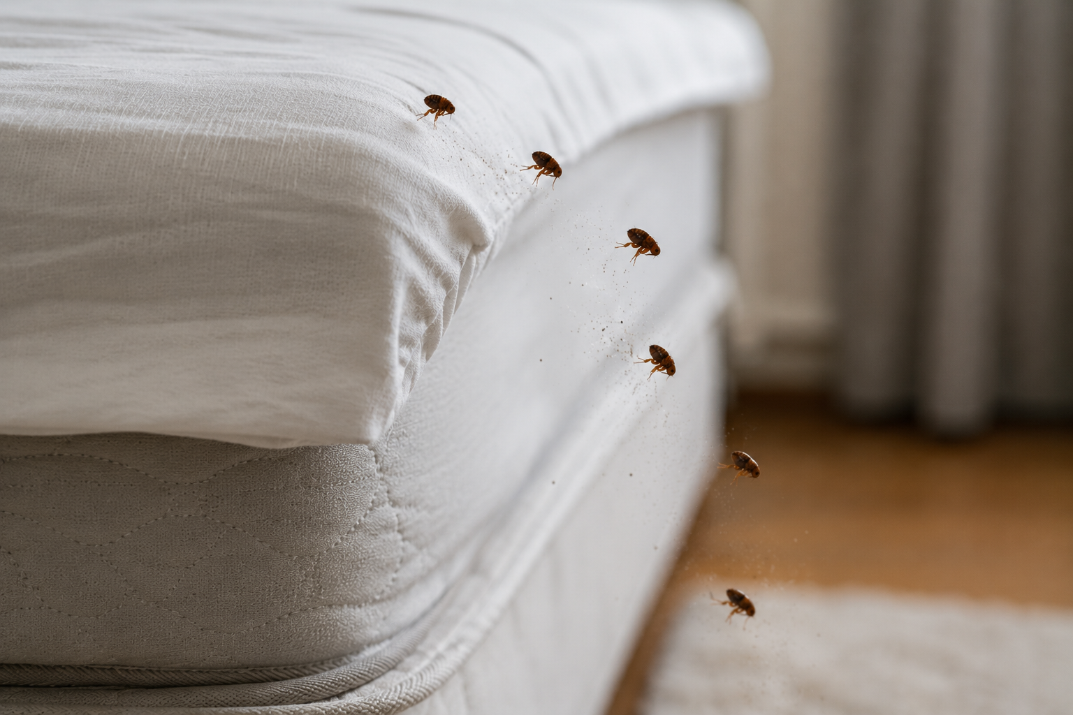 Fleas on the edge of a white mattress and bedroom floor