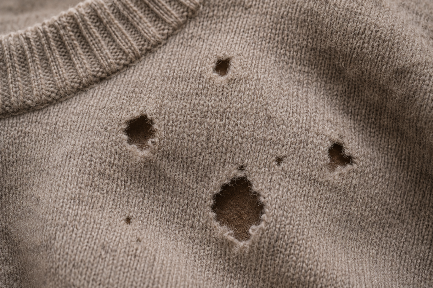 Close-up of moth holes in a knitted wool garment