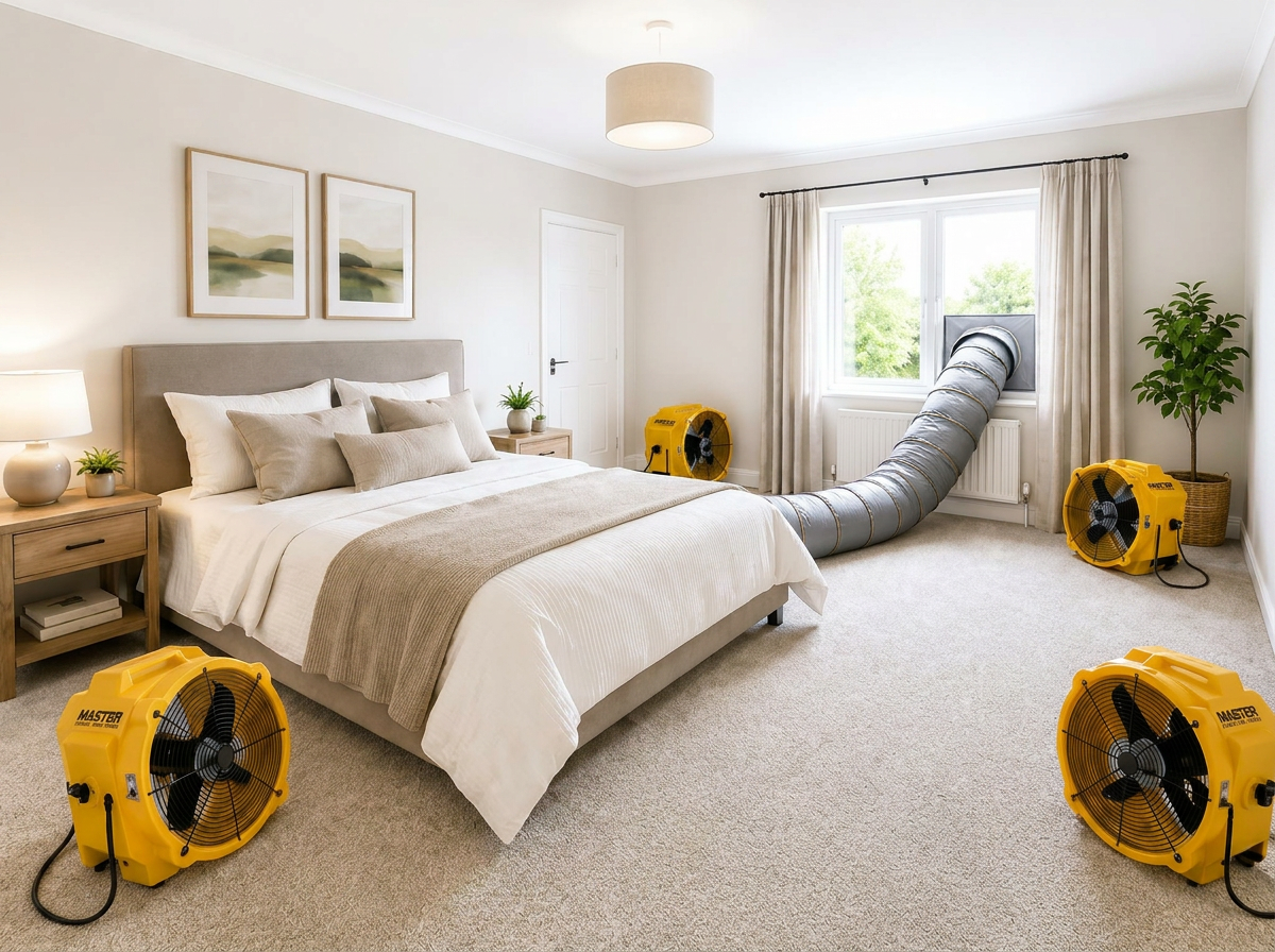 Professional heat treatment setup in a bedroom with industrial fans and a large heater ducting hose through the window