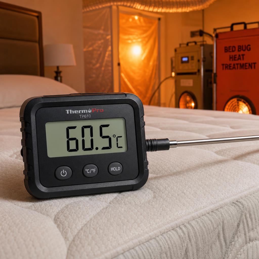 Digital thermometer showing 60.5°C bed bug kill temperature on a mattress